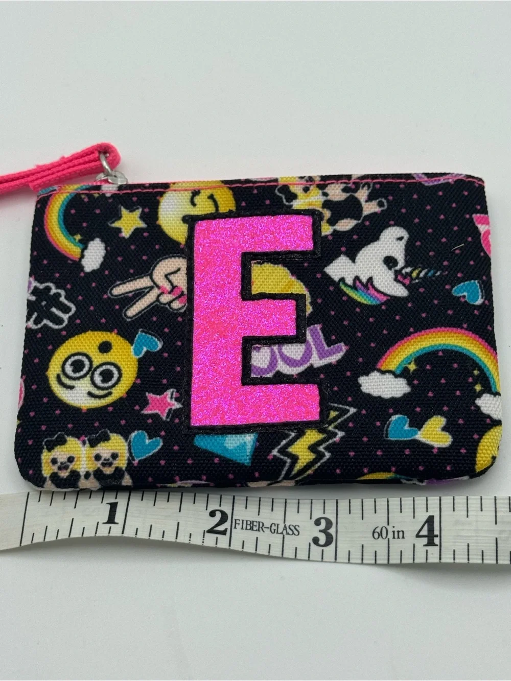 Justice Neon Initial E Emoji Rainbow Canvas Pink Zip Mini Pouch Wrislet